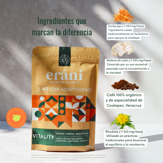 Vitality blend: Café orgánico con Cordyceps, Melena de León y Rhodiola
